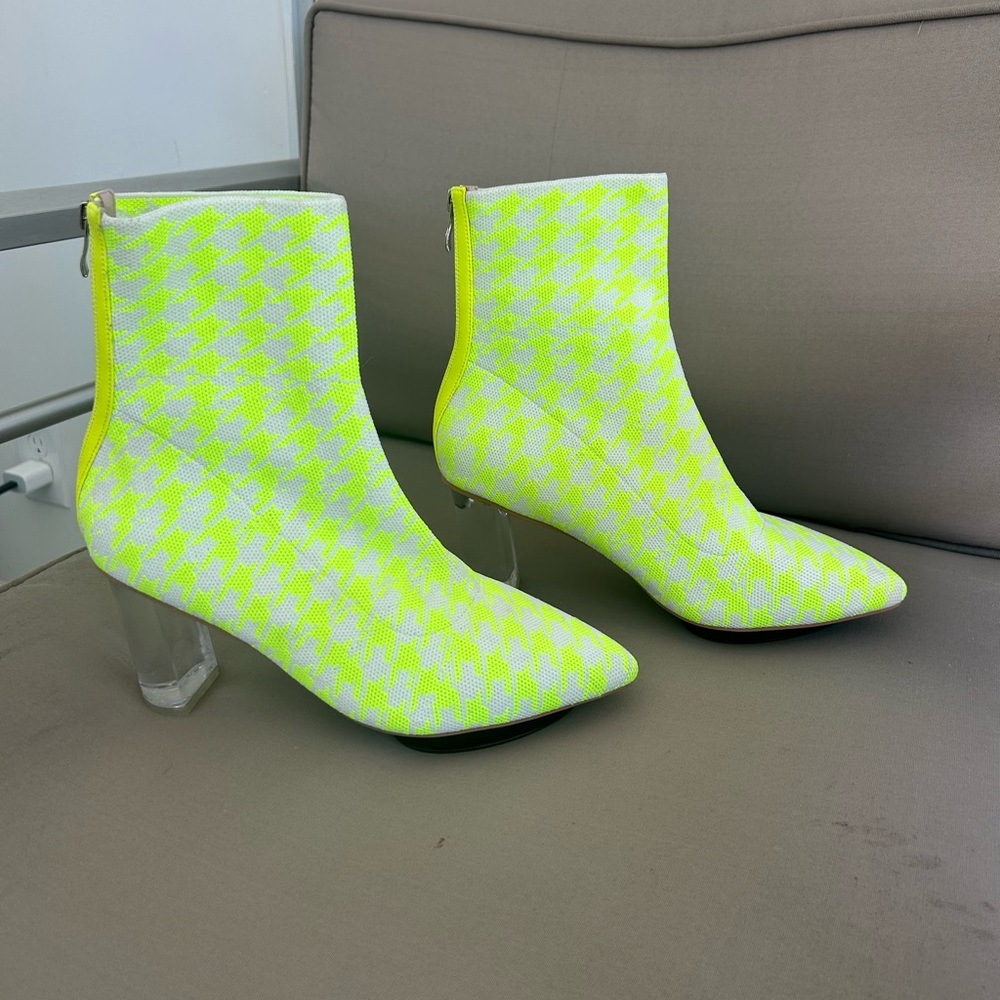 Beautiisoles Neon Houndstooth Clear Heel Ankle Boots Sz 10 Lime Green Club Party